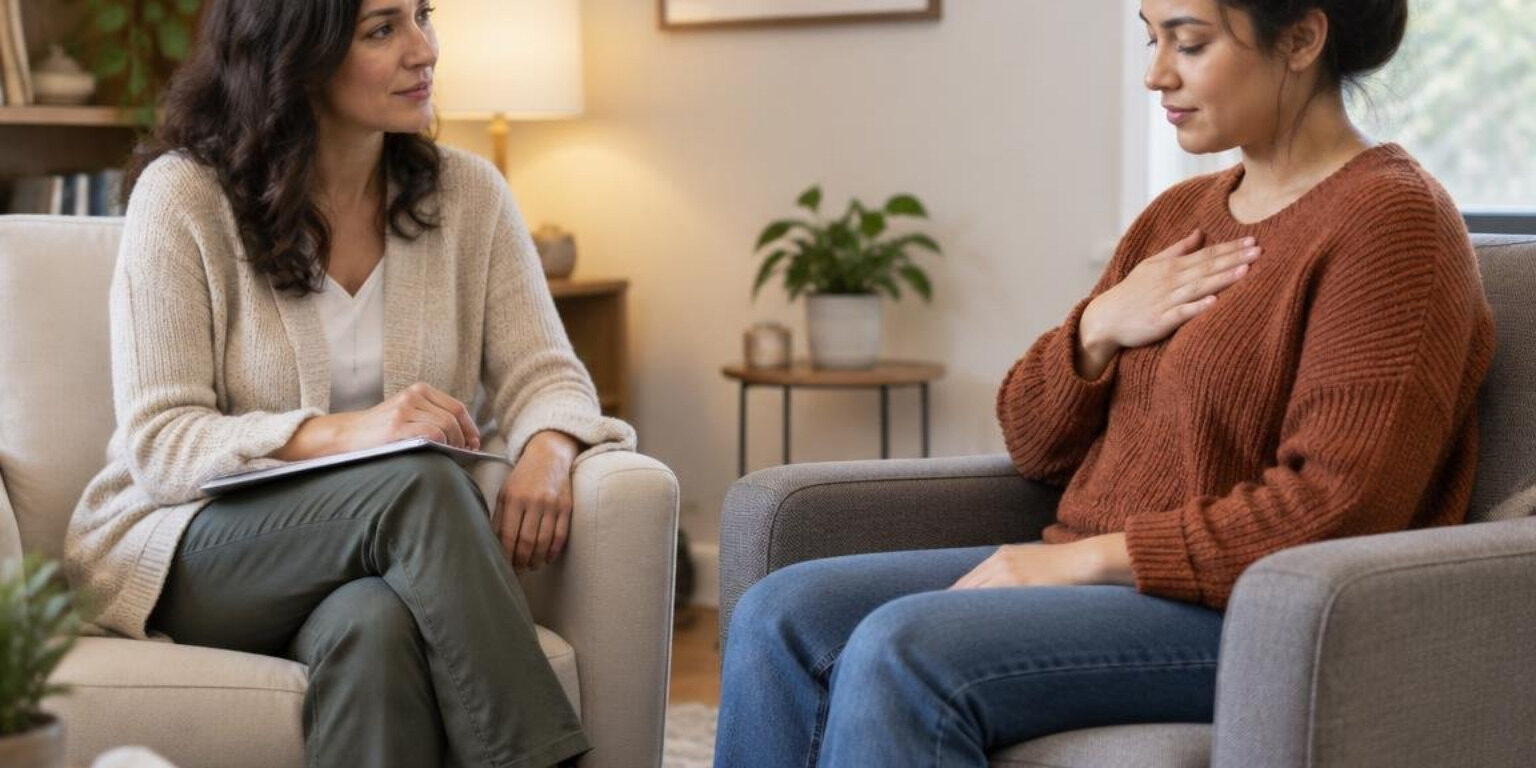 the-best-somatic-techniques-for-anxiety-relief-image Licensed therapist guiding a seated adult client through a gentle somatic grounding exercise in a calm counseling office