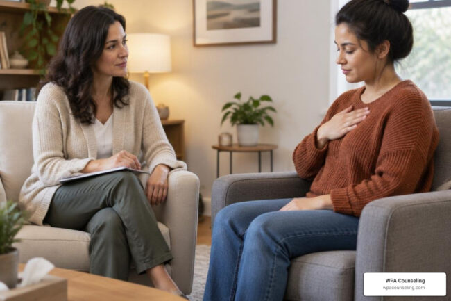 Licensed therapist guiding a seated adult client through a gentle somatic grounding exercise in a calm counseling office
