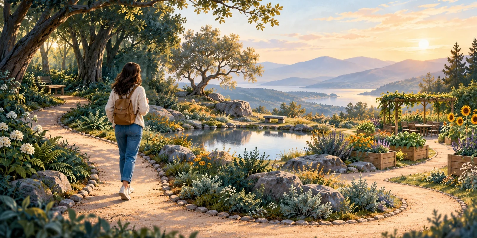 A person walking a curved garden path through sheltered, reflective, and open spaces