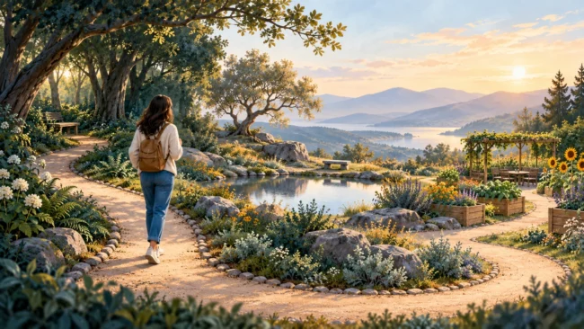 A person walking a curved garden path through sheltered, reflective, and open spaces