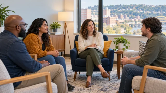 A small group of adults speaking with a facilitator in a calm counseling room