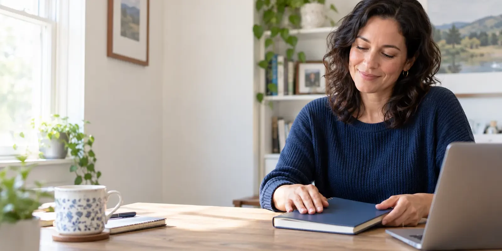 Adult closing a notebook beside a laptop after finishing a task