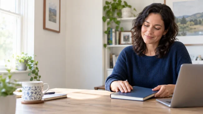 Adult closing a notebook beside a laptop after finishing a task