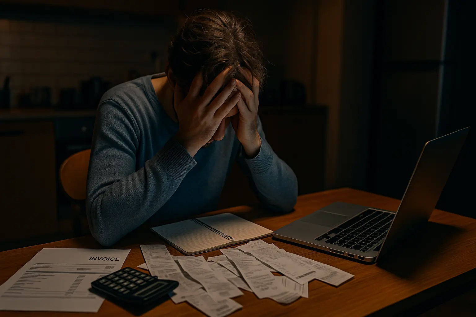 Financial stress and mental health challenges Stressed person sitting at a table surrounded by bills and receipts, symbolizing financial stress and its impact on mental health.