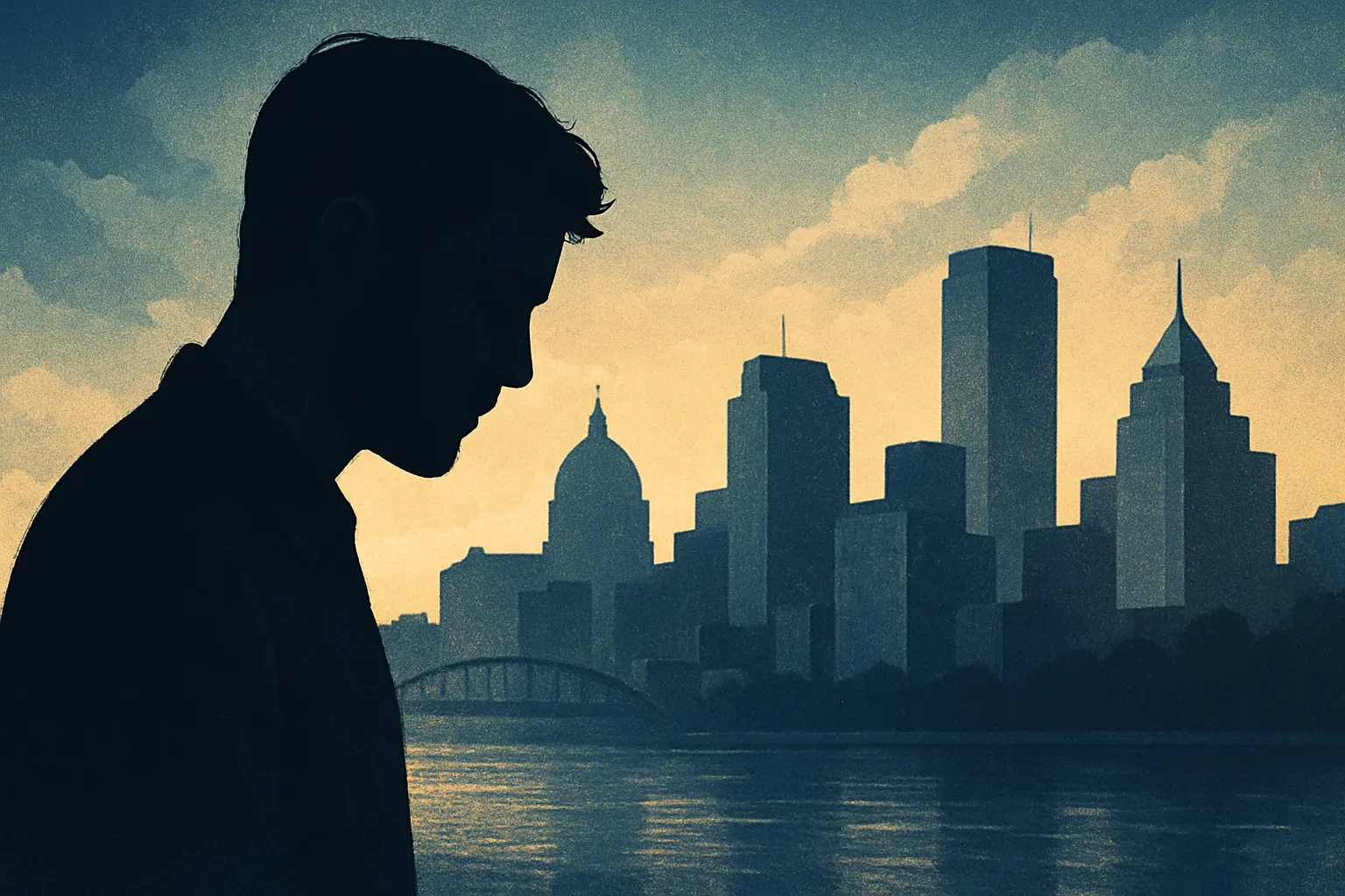 Men’s mental health awareness in Pennsylvania Silhouette of a man reflecting in front of a Pennsylvania skyline, symbolizing men’s mental health awareness and breaking the stigma.