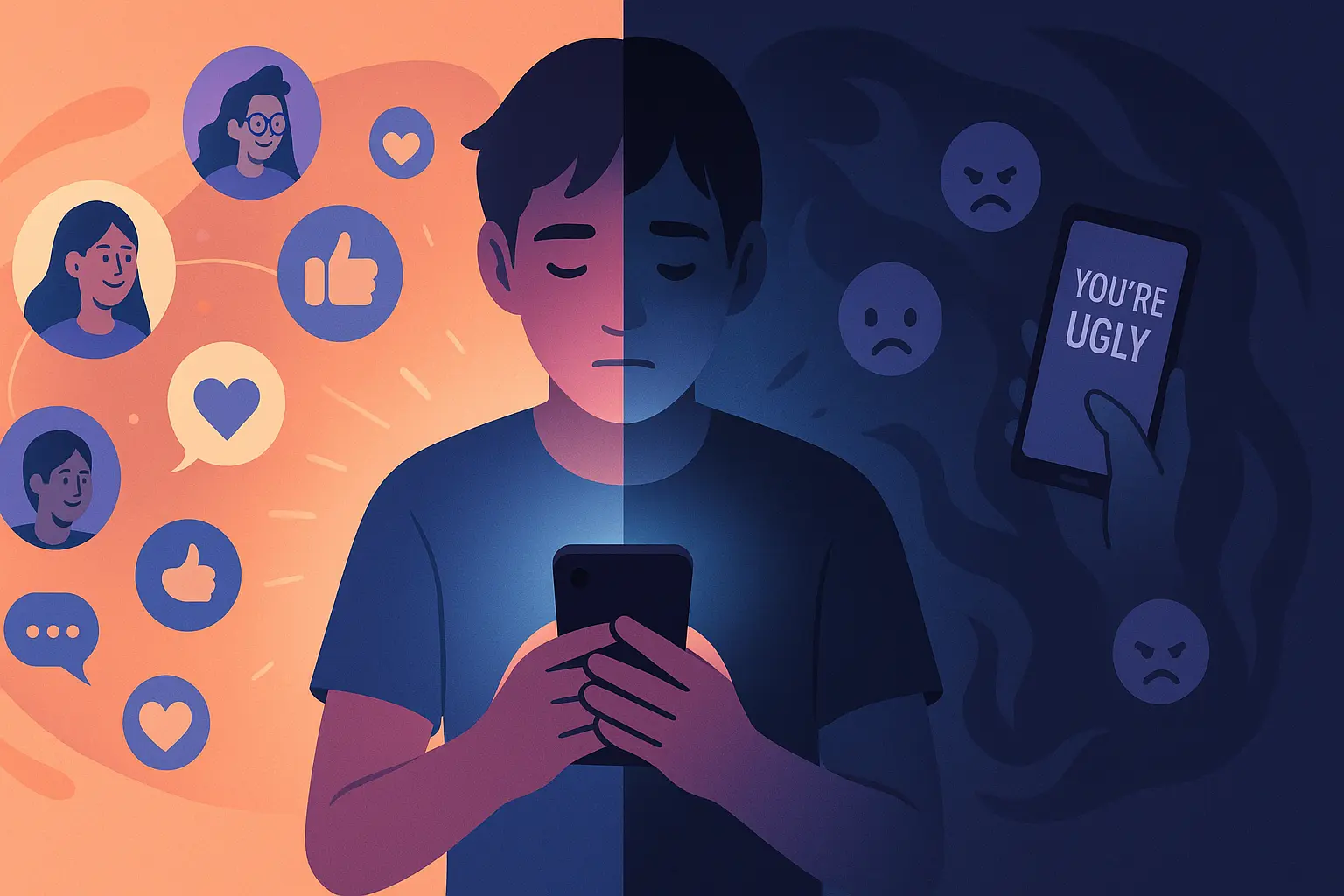 Teenager with phone experiencing both positive and negative effects of social media
