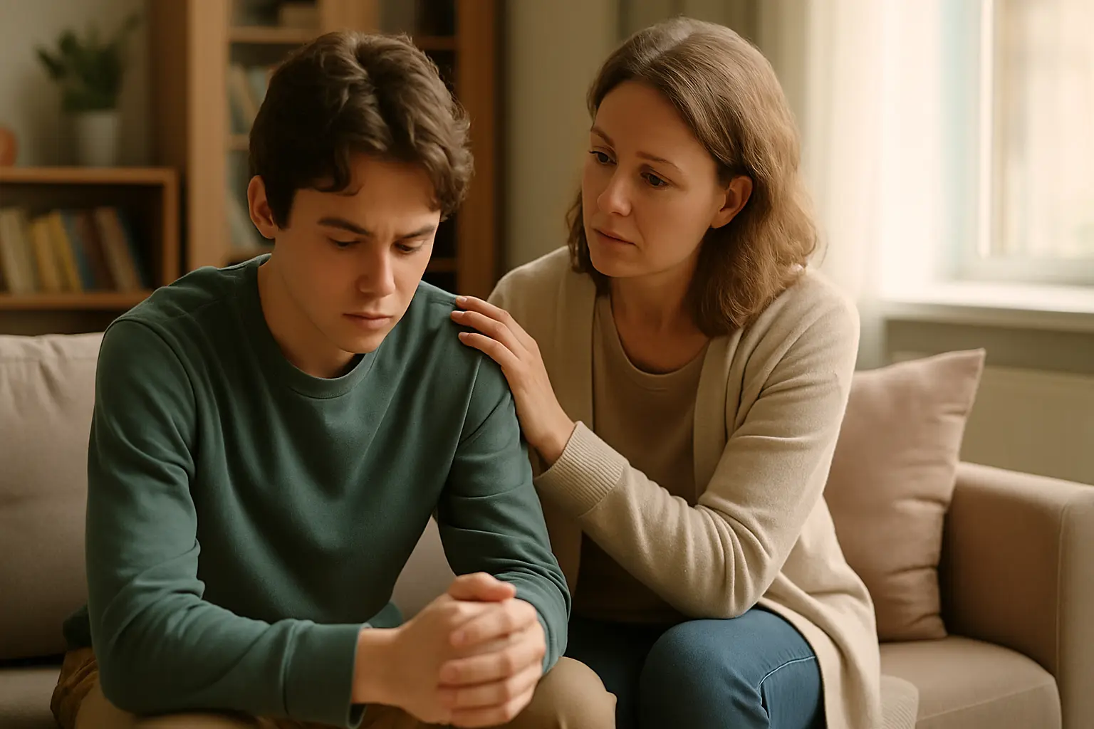 Parenting a Teen with Anxiety, The Power of Understanding Parent comforting their anxious teenager in a warm, softly lit living room, symbolizing support and empathy